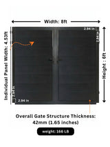 8ft x 6ft black WPC double fence gate dimensions showing 4.53ft panels, 42mm thickness and 166 lb weight