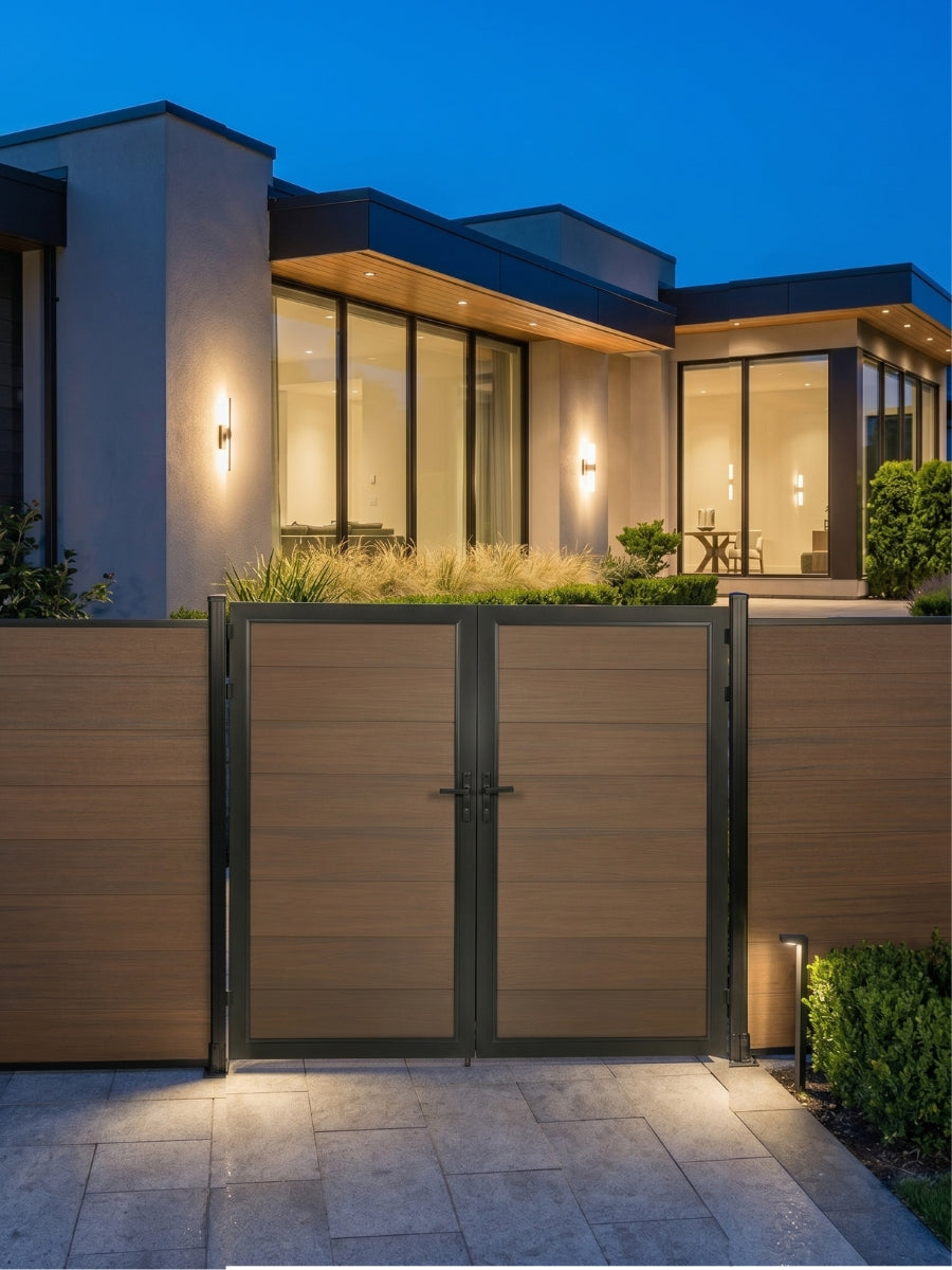 WPC Fence Gate Double 6ft x 6ft with brown wood-grain panels and black frame, installed at a modern home entrance with outdoor lighting.