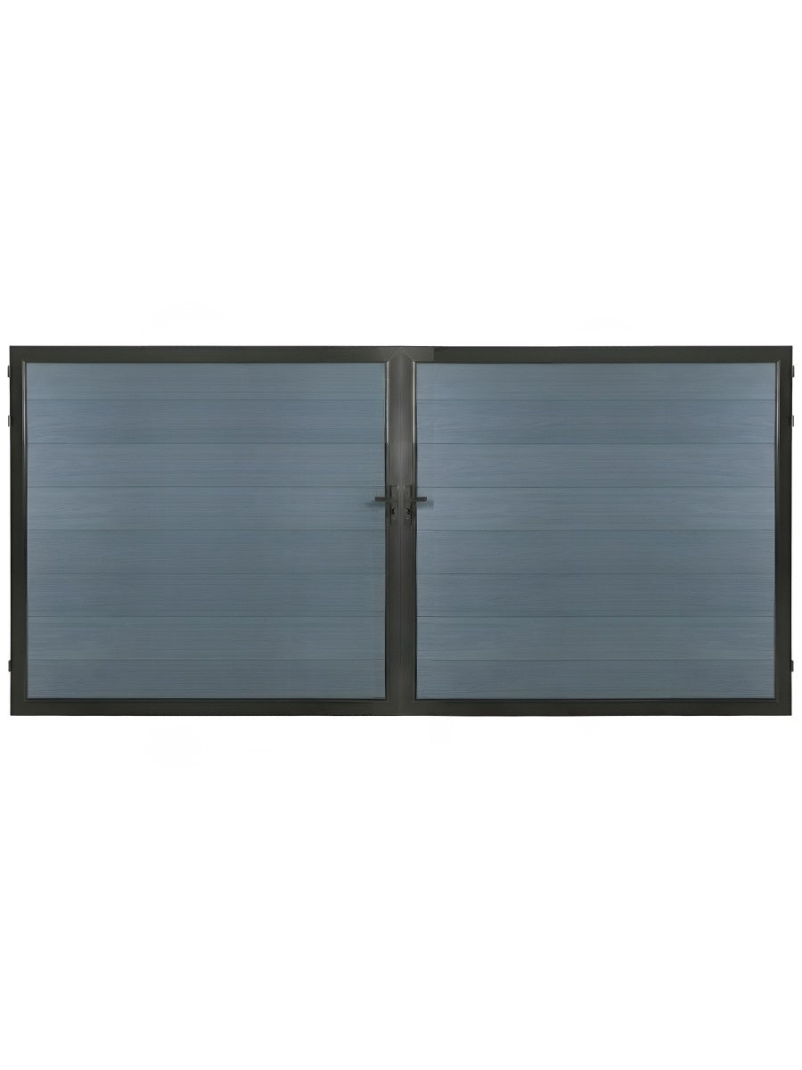 12ft x 6ft WPC double fence gate with gray wood-grain horizontal panels, black frame and center handles