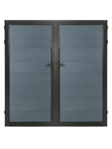 WPC Fence Gate Double 6ft x 6ft with gray horizontal wood-grain panels, black metal frame, dual doors, hinges, and center locking handles.