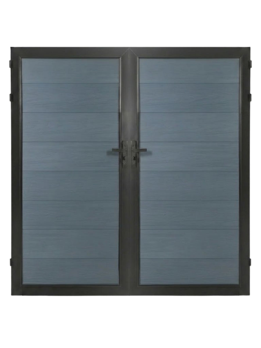 WPC Fence Gate Double 6ft x 6ft with gray horizontal wood-grain panels, black metal frame, dual doors, hinges, and center locking handles.