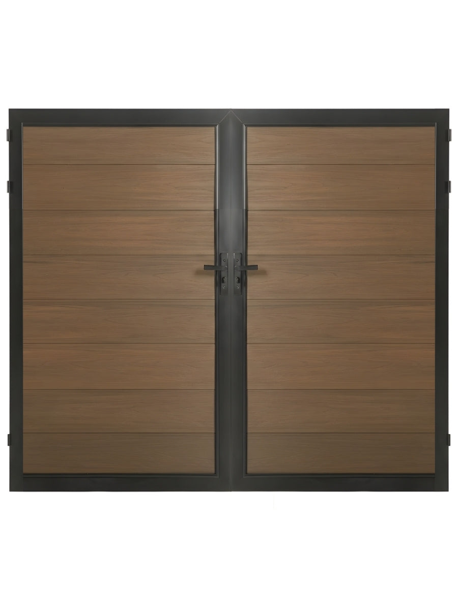 8ft x 6ft WPC double fence gate with brown wood-grain horizontal panels, black frame and center handles