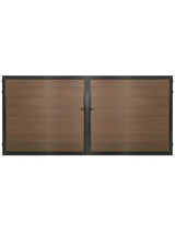 12ft x 6ft brown wood-grain WPC double fence gate with black metal frame and center locking hardware on white background.