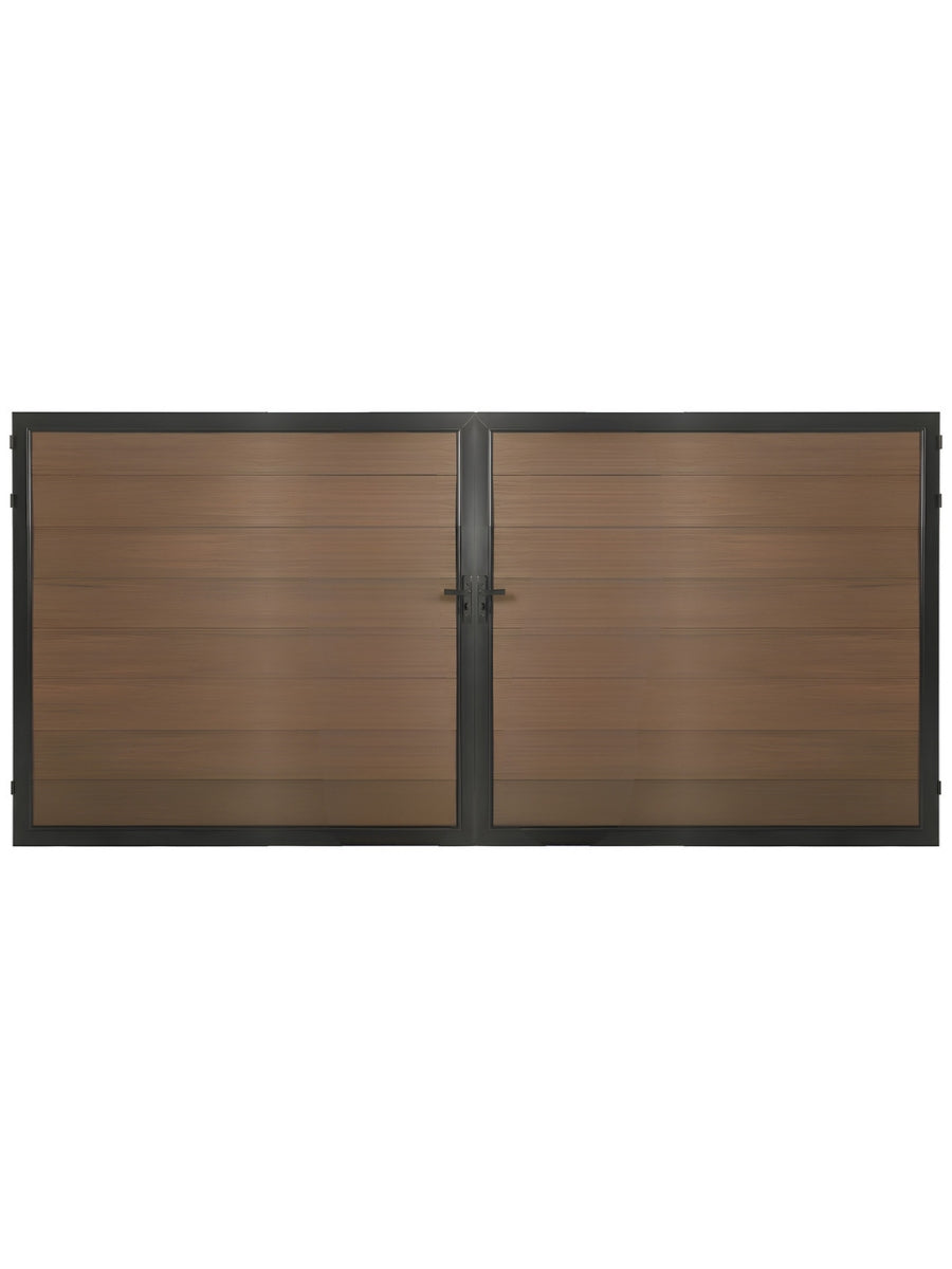 12ft x 6ft brown wood-grain WPC double fence gate with black metal frame and center locking hardware on white background.
