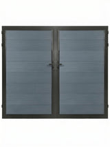 8ft x 6ft WPC double fence gate with gray wood-grain horizontal panels, black frame and center handles