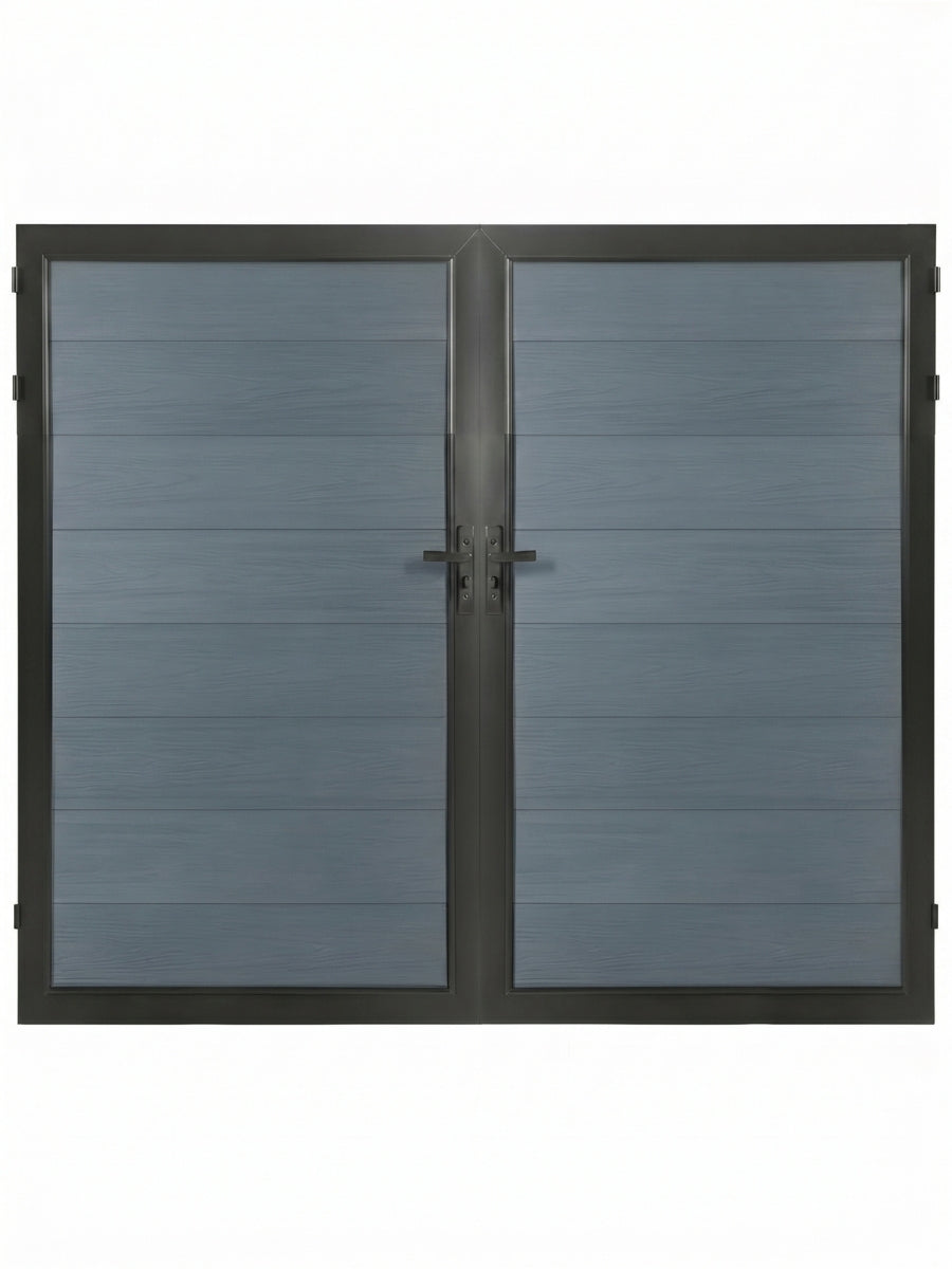 8ft x 6ft WPC double fence gate with gray wood-grain horizontal panels, black frame and center handles