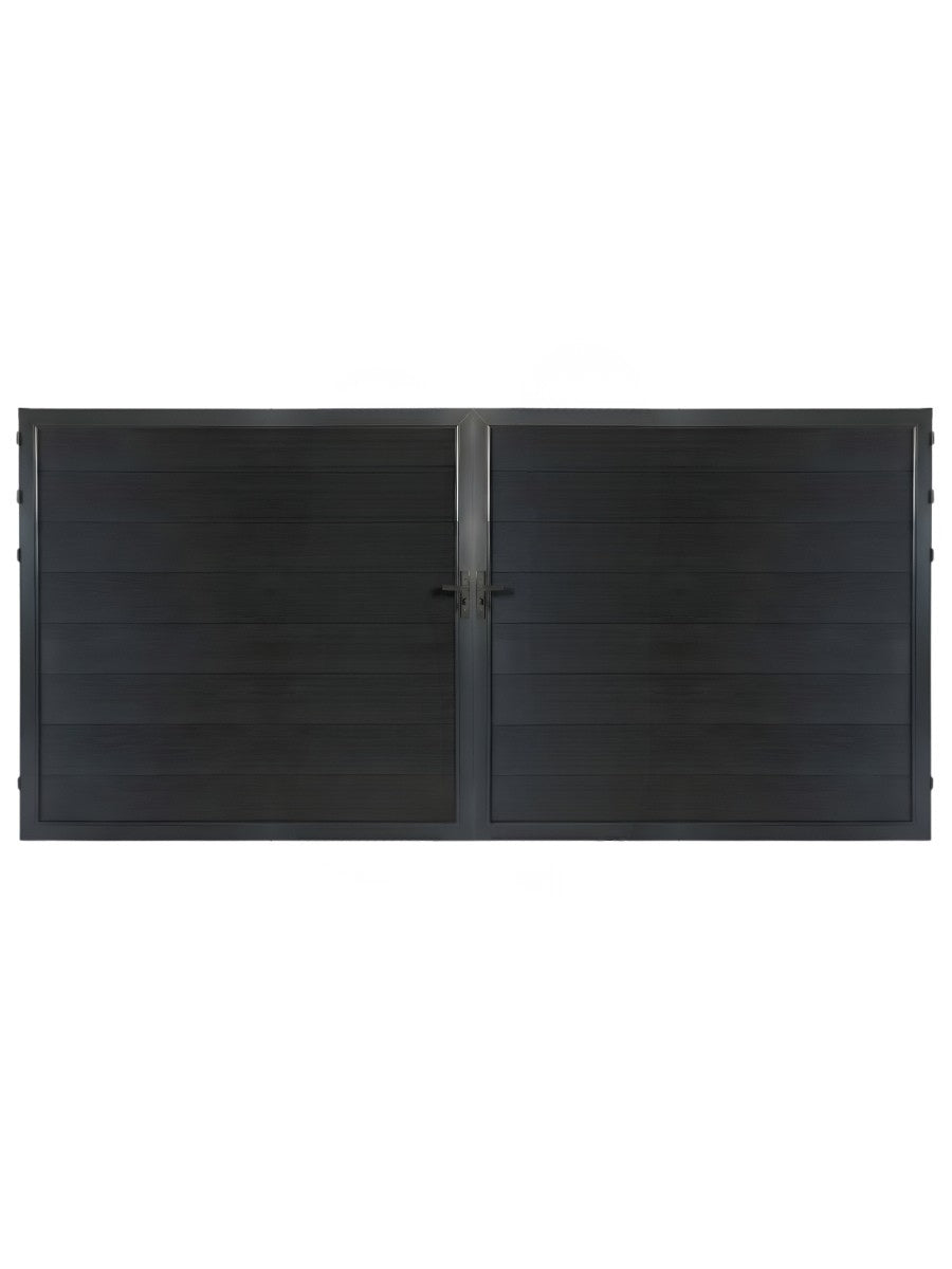 12ft x 6ft black WPC double fence gate with horizontal privacy panels, black metal frame, hinges, and center locking hardware.