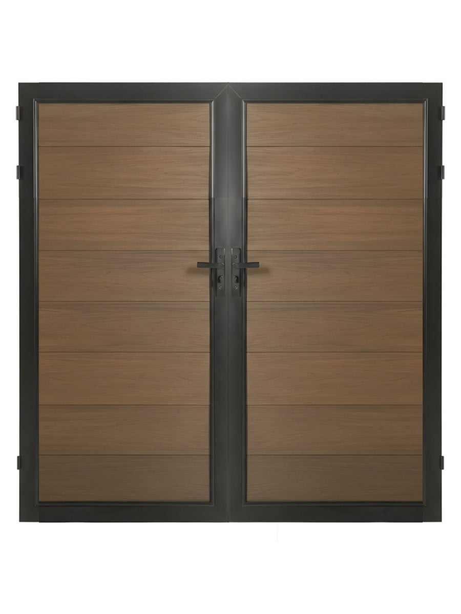 WPC Fence Gate Double 6ft x 6ft with brown wood-grain horizontal panels, black metal frame, dual doors, hinges, and center locking handles.