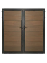 WPC Fence Gate Double 6ft x 6ft with brown wood-grain horizontal panels, black metal frame, dual doors, hinges, and center locking handles.