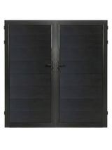 WPC Fence Gate Double 6ft x 6ft with black wood-grain panels, black metal frame, dual handles and hinges on a white background.