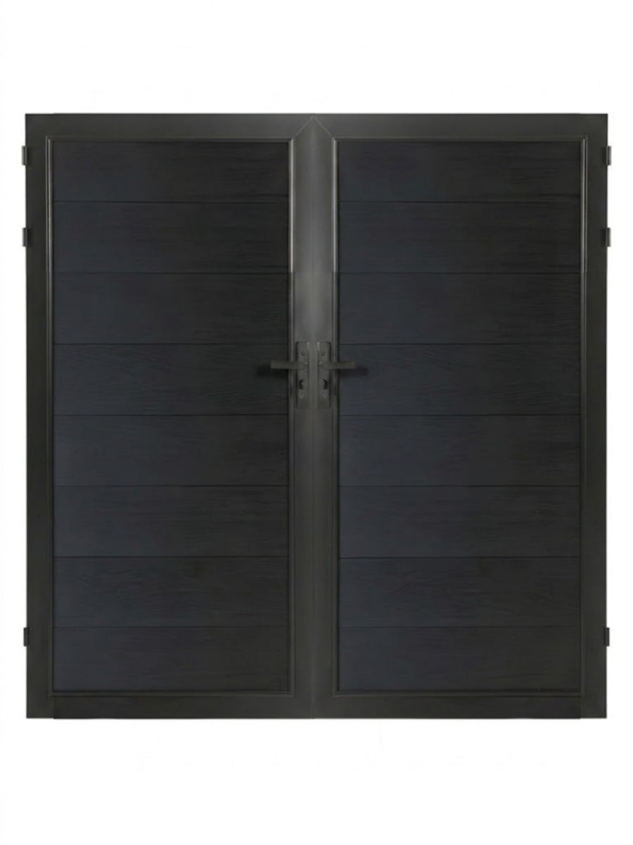 WPC Fence Gate Double 6ft x 6ft with black wood-grain panels, black metal frame, dual handles and hinges on a white background.