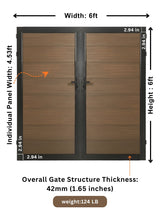 WPC Fence Gate Double 6ft x 6ft dimension diagram with brown wood-grain panels, black frame, 42mm structure thickness, 4.53ft panel width, and 124 lb weight.
