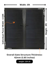 WPC Fence Gate Double 6ft x 6ft in black with dual panels, showing 4.53 ft panel width, 42mm frame thickness and 124 lb weight.