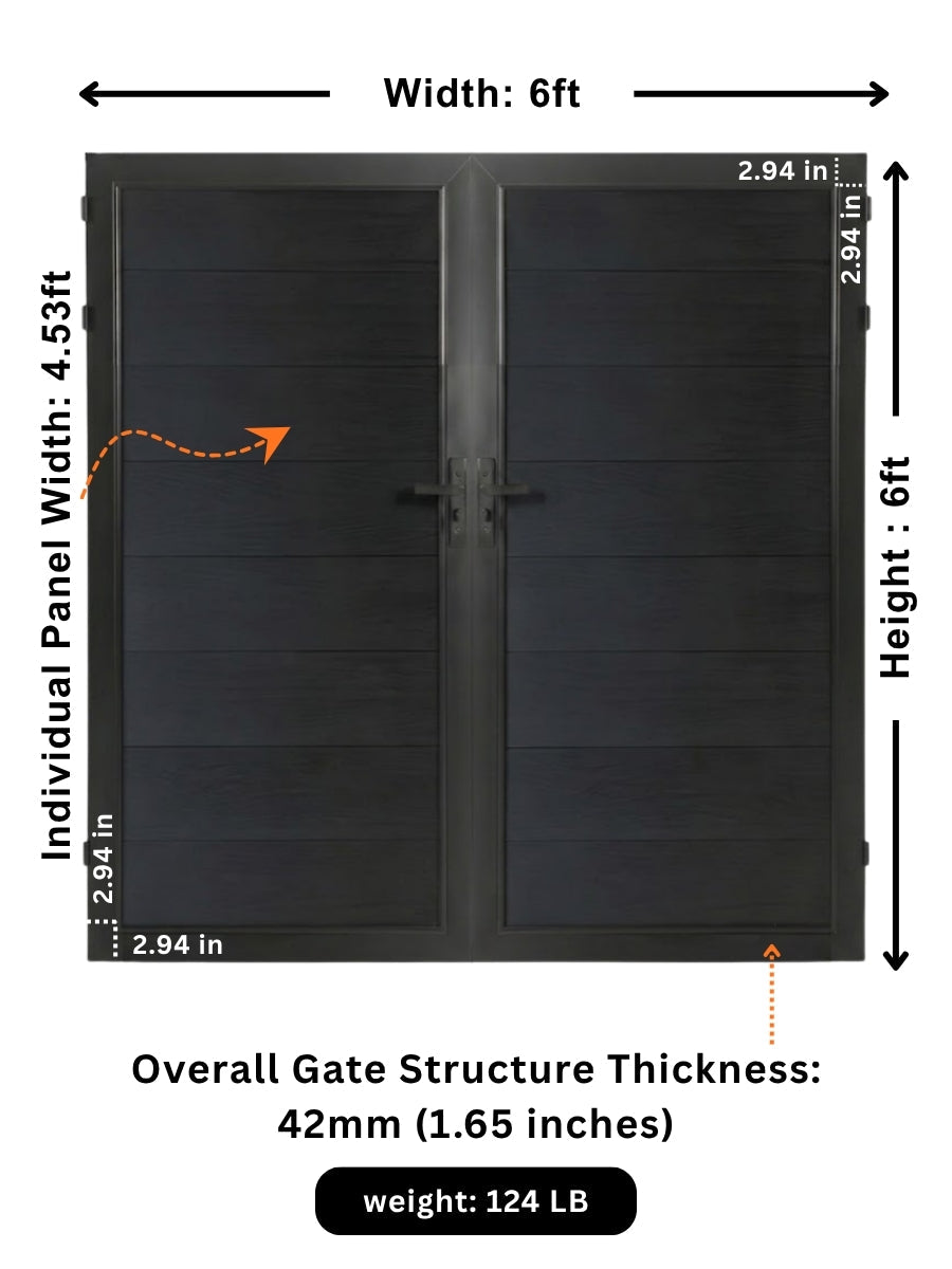 WPC Fence Gate Double 6ft x 6ft in black with dual panels, showing 4.53 ft panel width, 42mm frame thickness and 124 lb weight.