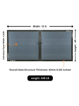 12ft x 6ft WPC double fence gate dimensions showing 42mm frame thickness, 4.53ft panel width and 248 lb weight