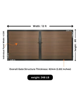 12ft x 6ft brown wood-grain WPC double fence gate dimensions showing 42mm frame thickness, 4.53ft individual panel width and 248 lb weight.