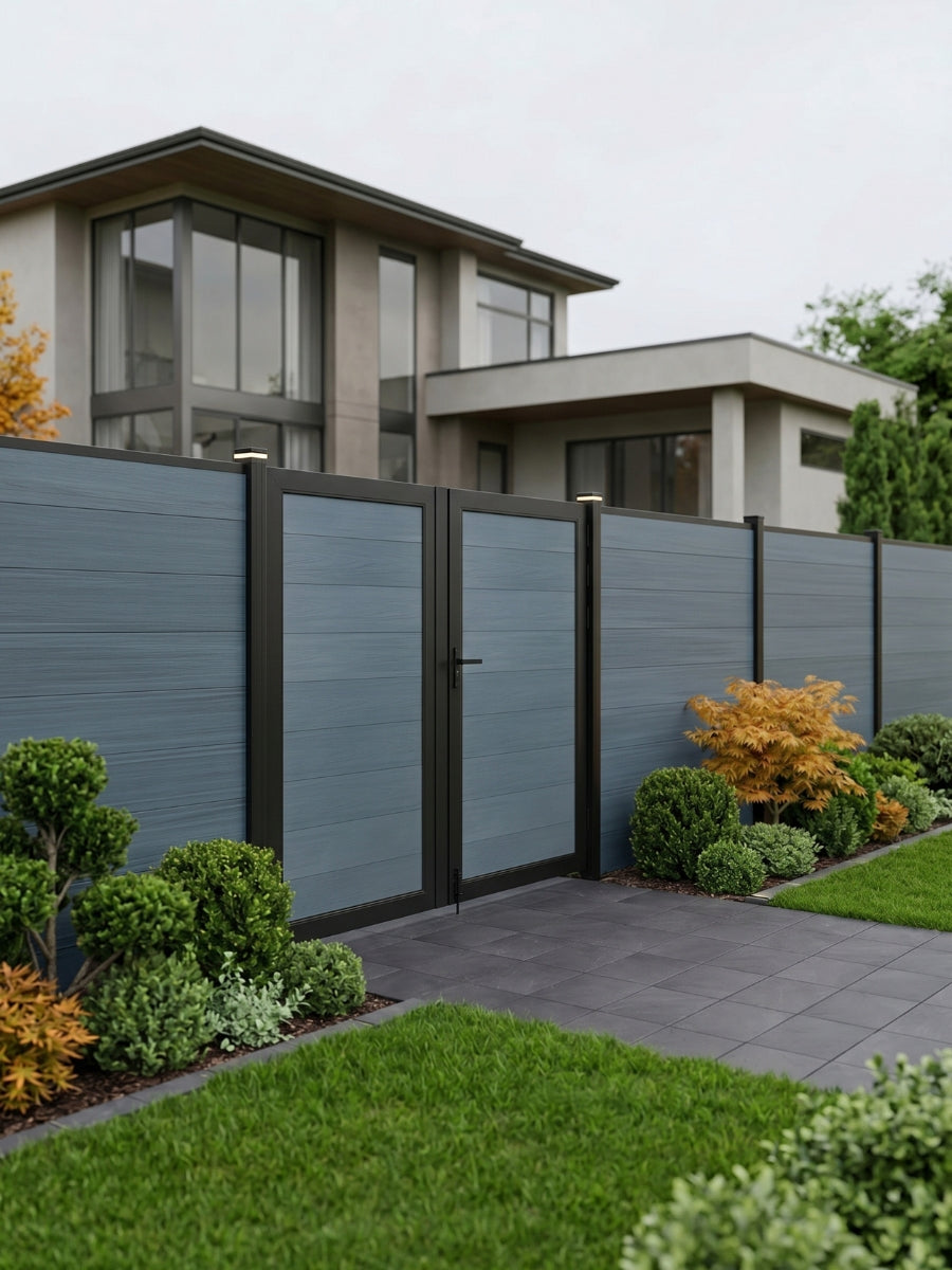 WPC Fence Gate Double 6ft x 6ft with gray horizontal panels and black metal frame, installed in a modern landscaped privacy fence.