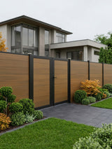 WPC Fence Gate Double 6ft x 6ft with brown wood-grain horizontal panels and black metal frame, installed in a modern landscaped privacy fence.