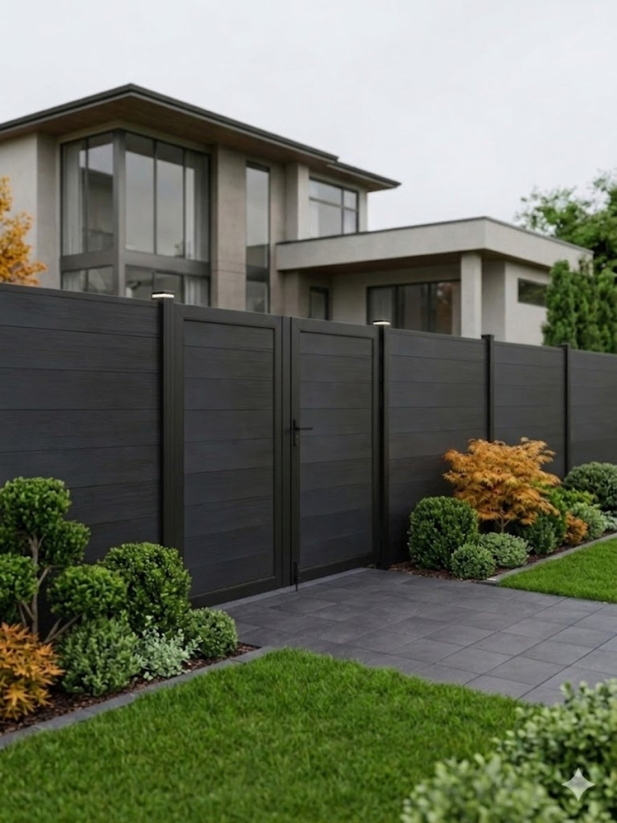 WPC Fence Gate Double 6ft x 6ft installed in a modern dark gray WPC privacy fence with horizontal panels, black frame, and center handles.