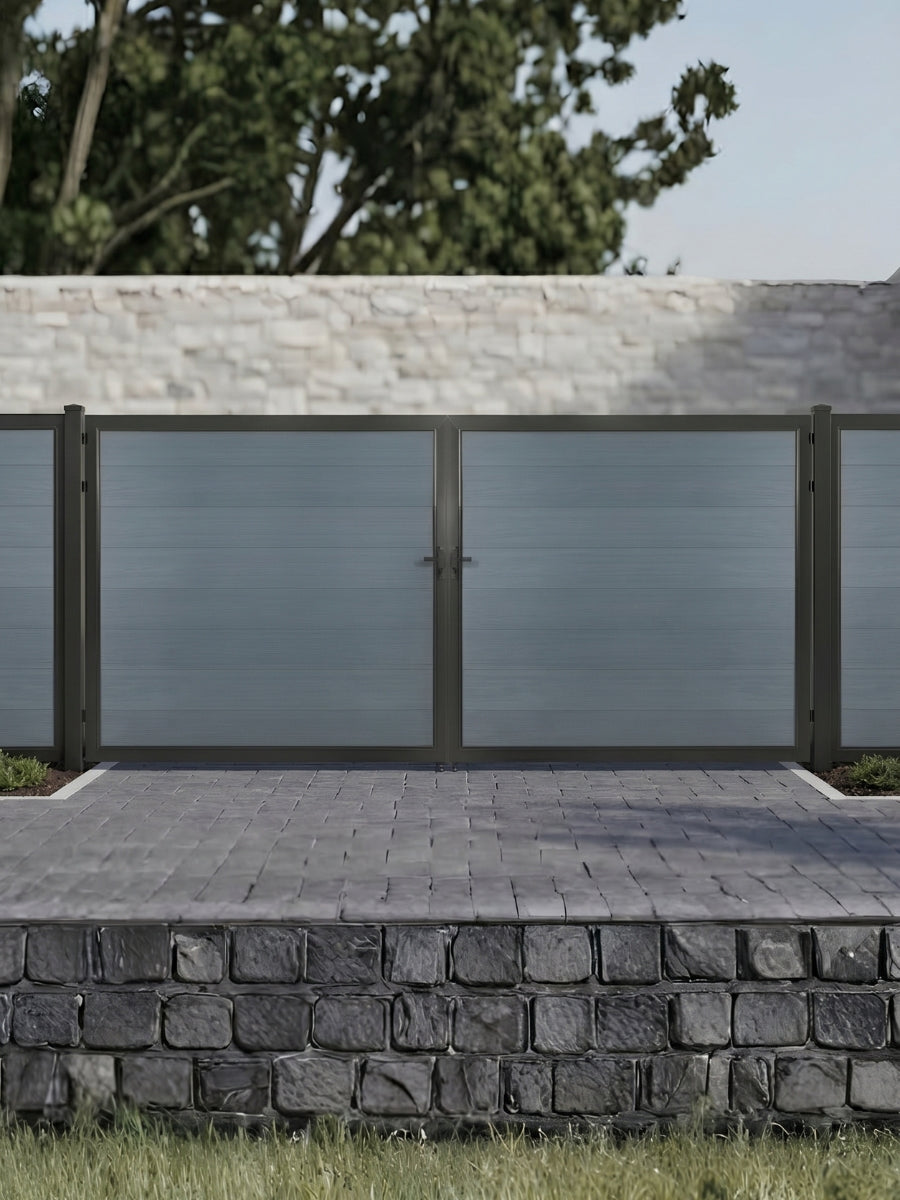 12ft x 6ft gray WPC double fence gate with black metal frame installed along a modern outdoor privacy fence.