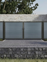 12ft x 6ft gray WPC double fence gate with black metal frame installed along a modern outdoor privacy fence.
