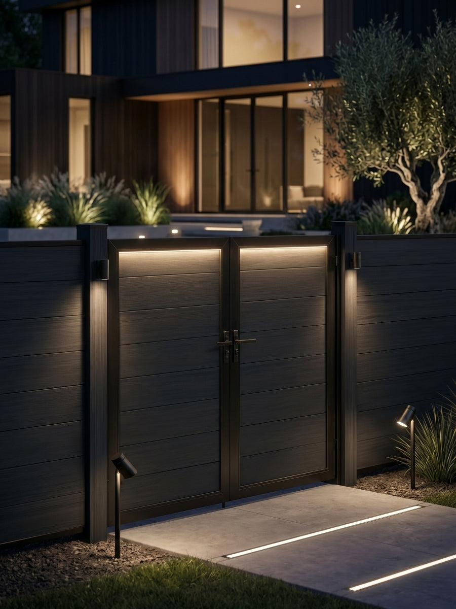 WPC Fence Gate Double 6ft x 6ft with black wood-grain panels and frame, installed in a modern privacy fence with landscape lighting at night.