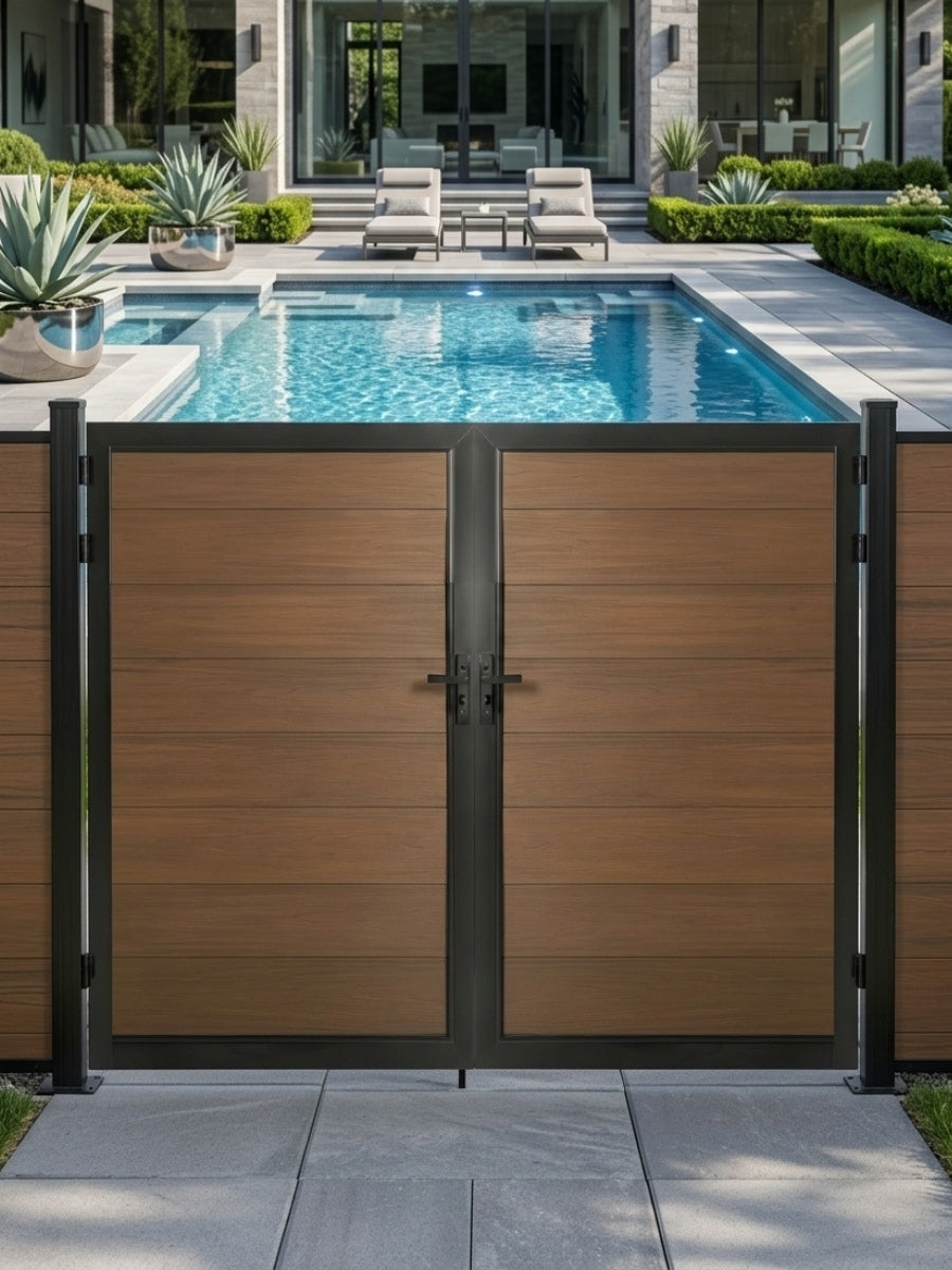 8ft x 6ft WPC double fence gate with brown wood-grain panels and black frame installed beside a modern backyard pool