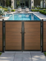 8ft x 6ft WPC double fence gate with brown wood-grain panels and black frame installed beside a modern backyard pool