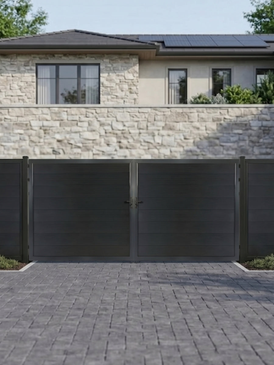 12ft x 6ft black WPC double fence gate with horizontal privacy panels installed across a modern residential driveway.
