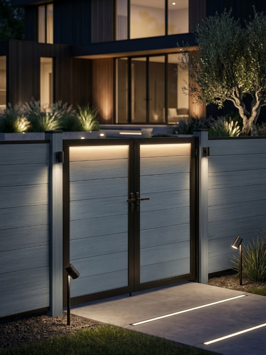 WPC Fence Gate Double 6ft x 6ft with gray horizontal panels and black frame, installed in a modern outdoor privacy fence with landscape lighting.