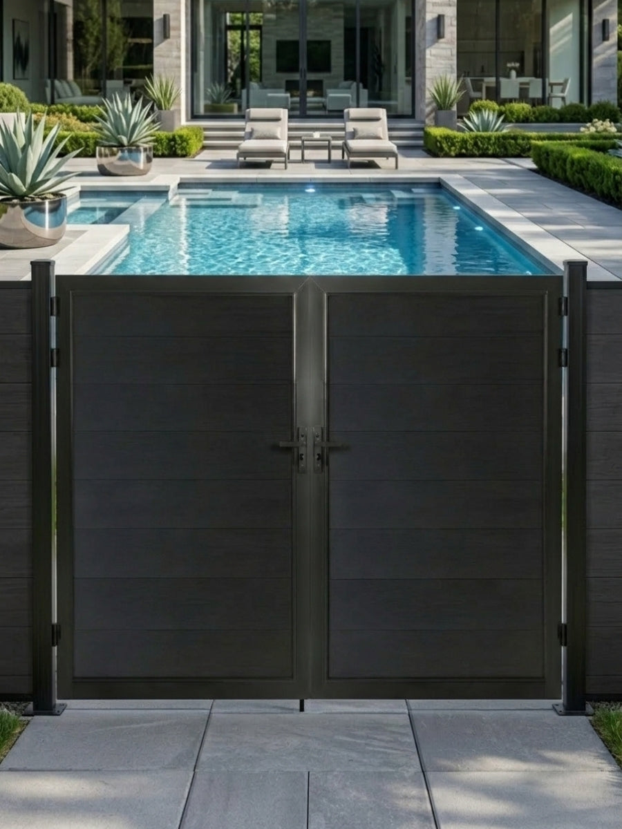 8ft x 6ft black WPC double fence gate with horizontal panels installed beside a modern backyard swimming pool