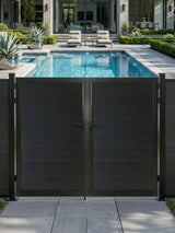 8ft x 6ft black WPC double fence gate with horizontal panels installed beside a modern backyard swimming pool
