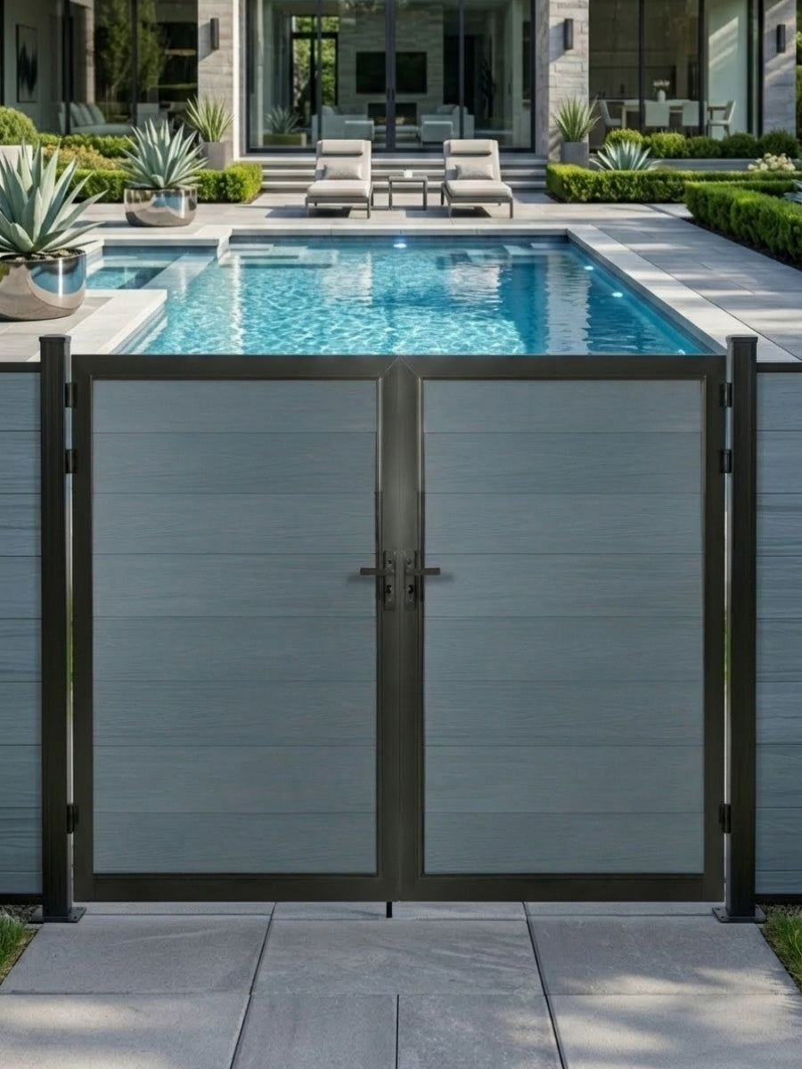 8ft x 6ft gray WPC double fence gate with horizontal panels and black frame installed beside a modern backyard pool