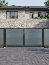 12ft x 6ft gray WPC double fence gate with black metal frame installed across a modern residential driveway.