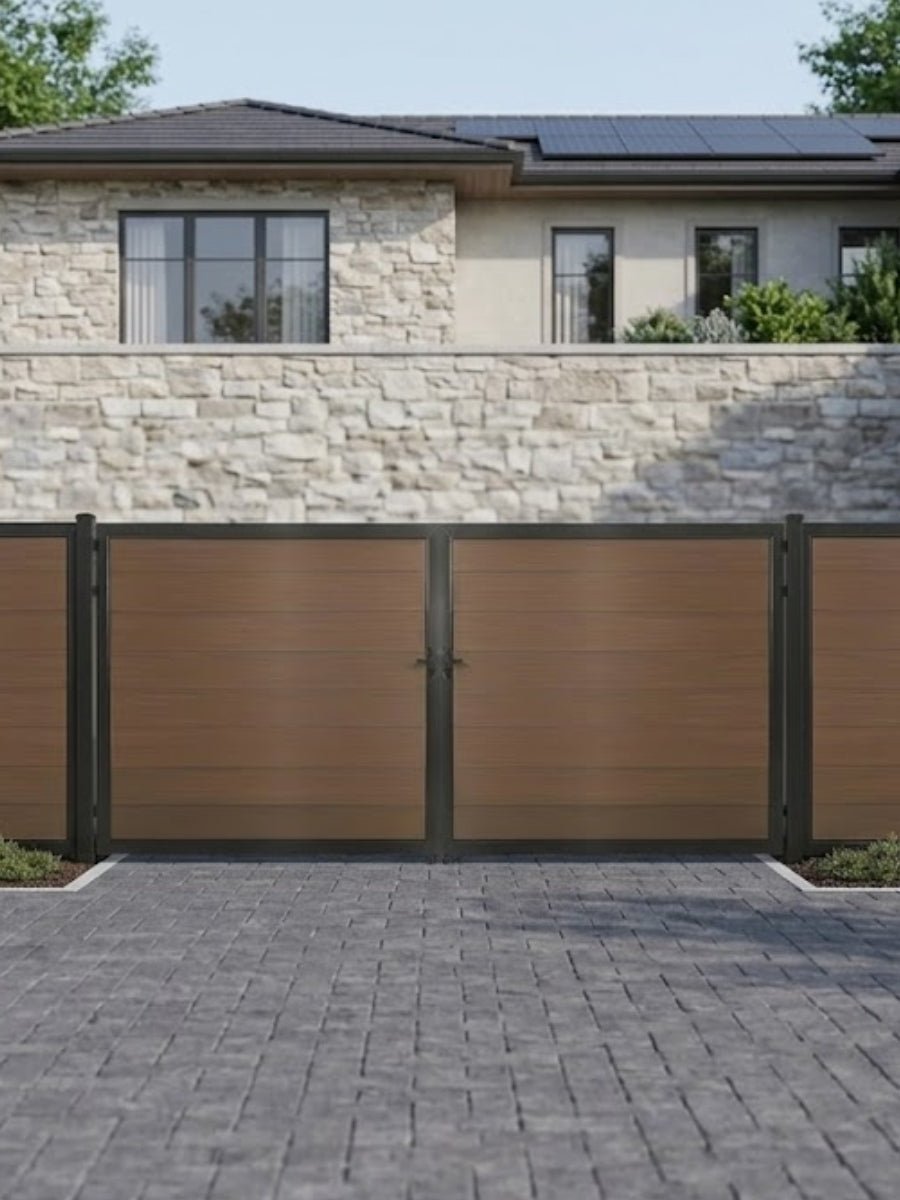 12ft x 6ft brown wood-grain WPC double fence gate with black metal frame installed across a modern residential driveway.