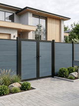 WPC Fence Gate Double 6ft x 6ft with gray horizontal panels and black metal frame, installed in a modern outdoor privacy fence.