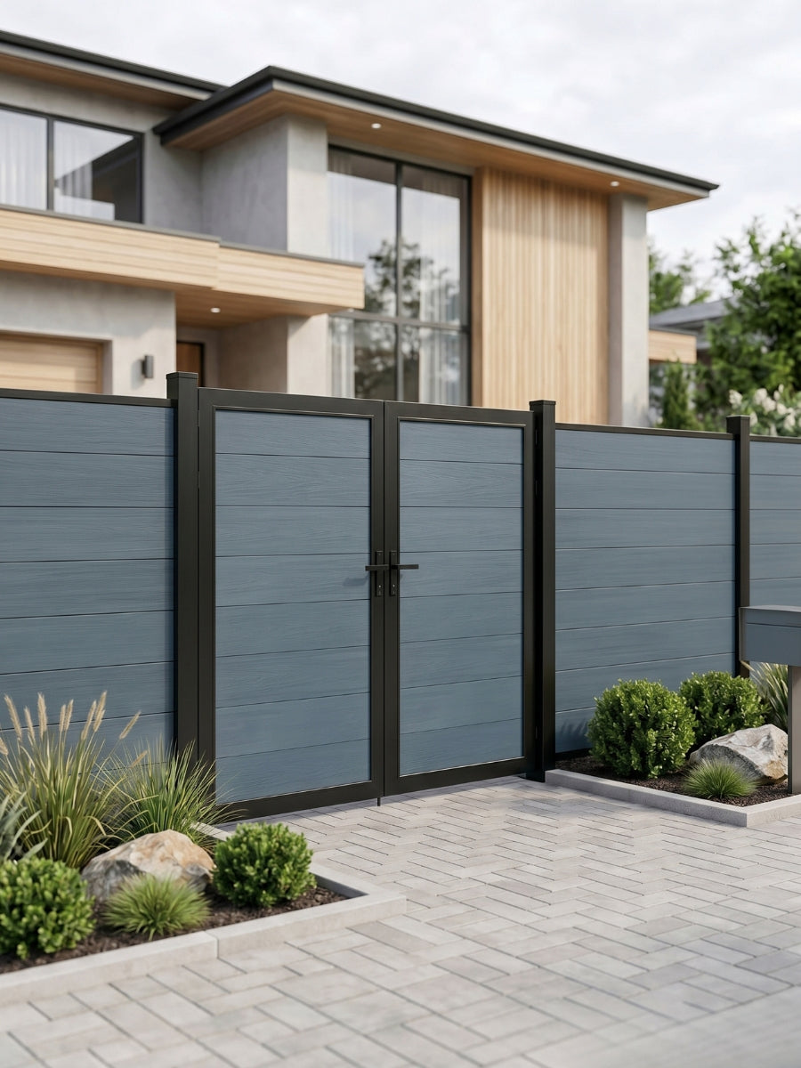 WPC Fence Gate Double 6ft x 6ft with gray horizontal panels and black metal frame, installed in a modern outdoor privacy fence.