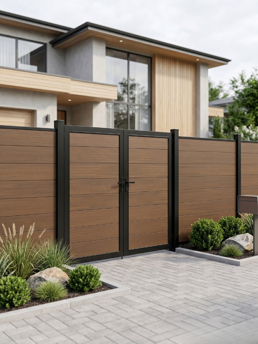 WPC Fence Gate Double 6ft x 6ft with brown wood-grain panels and black frame, installed in a modern residential privacy fence.