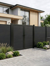 WPC Fence Gate Double 6ft x 6ft with black wood-grain panels and matching frame, installed in a modern residential privacy fence.