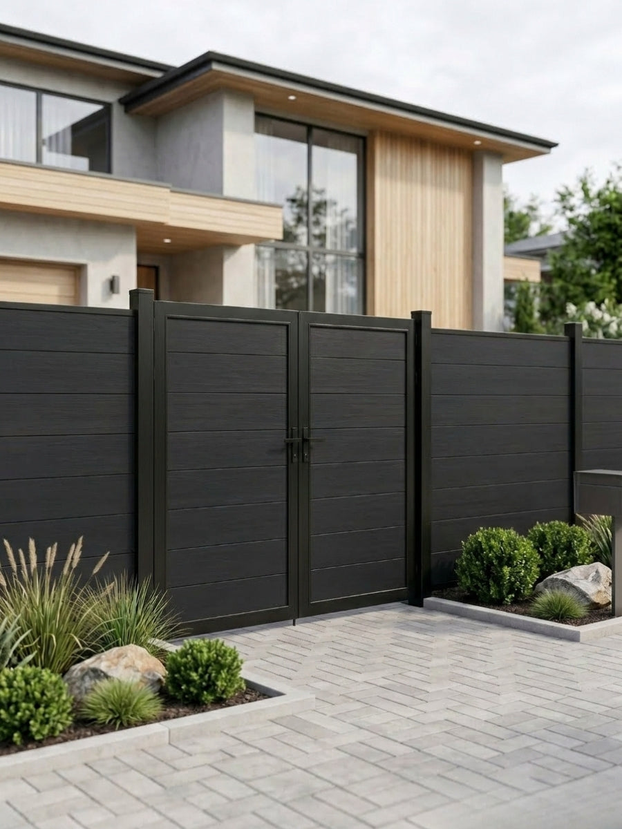 WPC Fence Gate Double 6ft x 6ft with black wood-grain panels and matching frame, installed in a modern residential privacy fence.