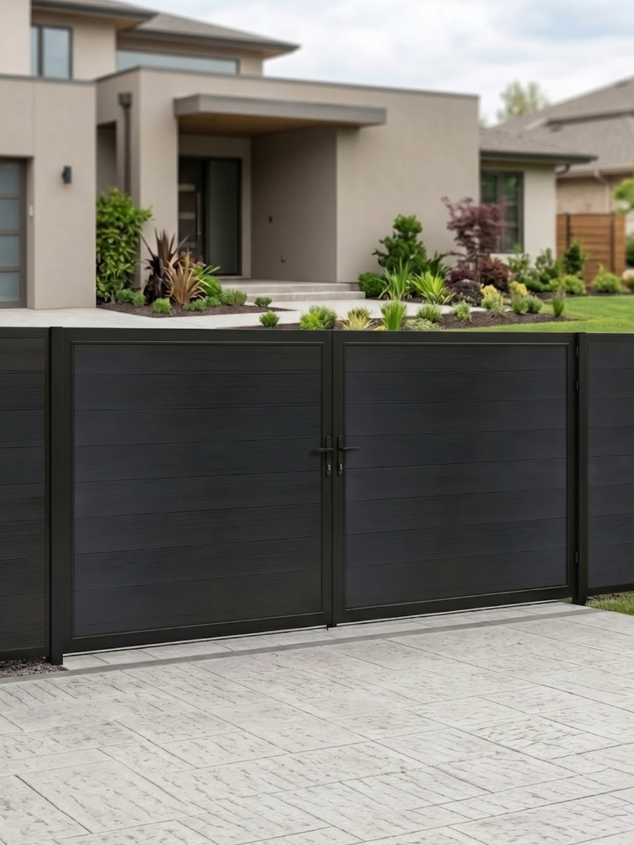 12ft x 6ft black WPC double fence gate with horizontal privacy panels and black frame installed at a modern residential driveway.