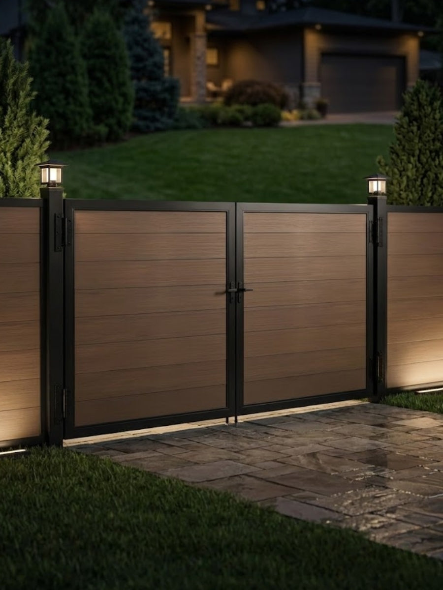 12ft x 6ft brown wood-grain WPC double fence gate with black metal frame and illuminated post lights at a modern residential entrance.