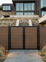 8ft x 6ft WPC double fence gate with brown horizontal panels and black frame installed at a modern home entrance