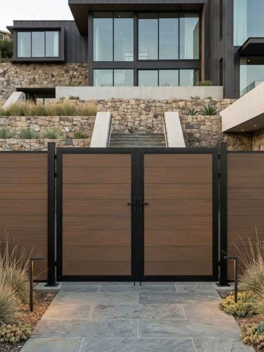 8ft x 6ft WPC double fence gate with brown horizontal panels and black frame installed at a modern home entrance