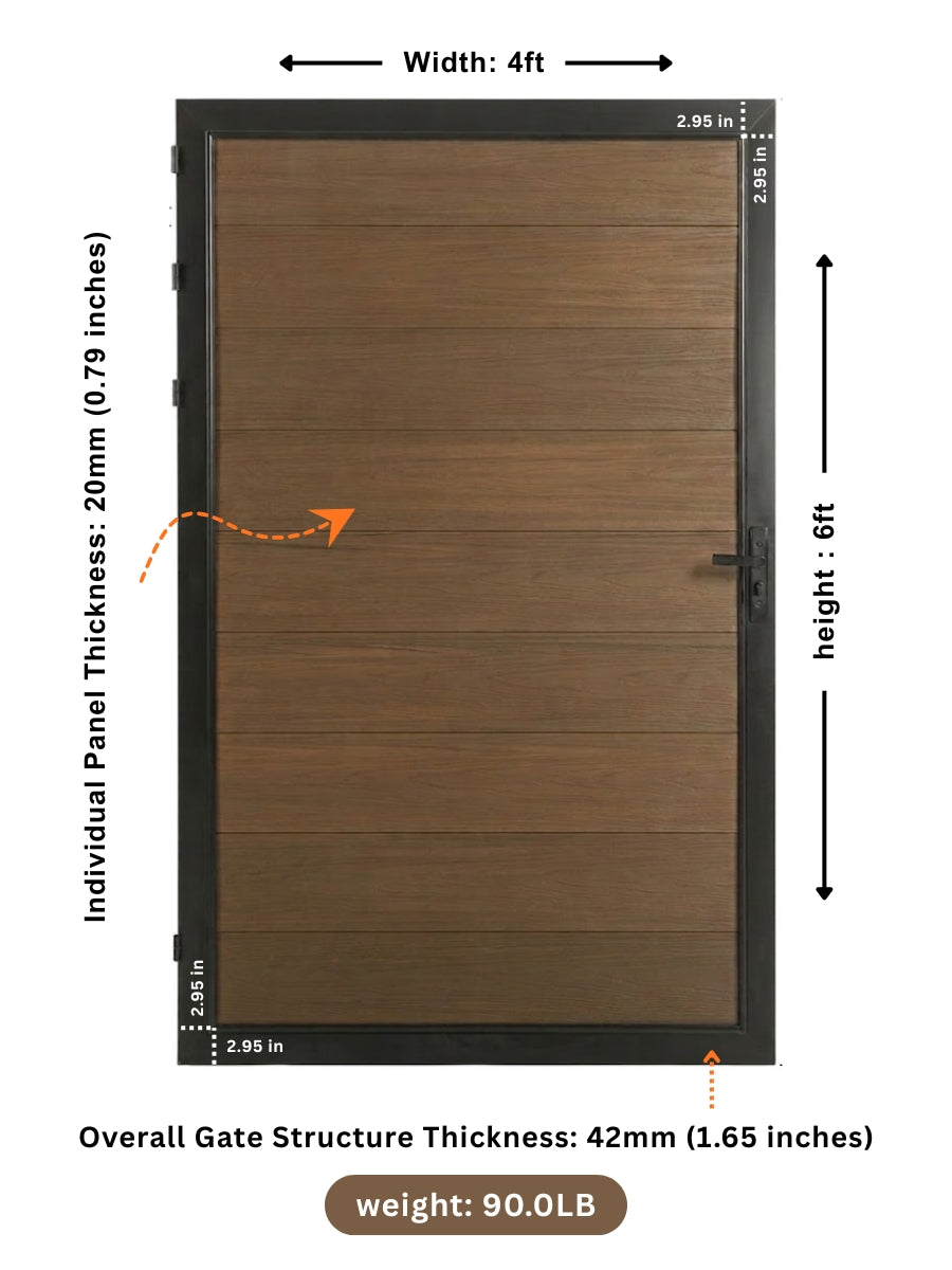 4ft x 6ft brown wood-grain WPC single fence gate with labeled panel, frame and overall thickness dimensions